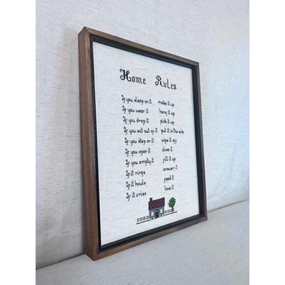 Framed Cross-Stitch "Home Rules" | Handmade Embroidered Wall Art‎ | Rustic Decor - Picture 3 of 8